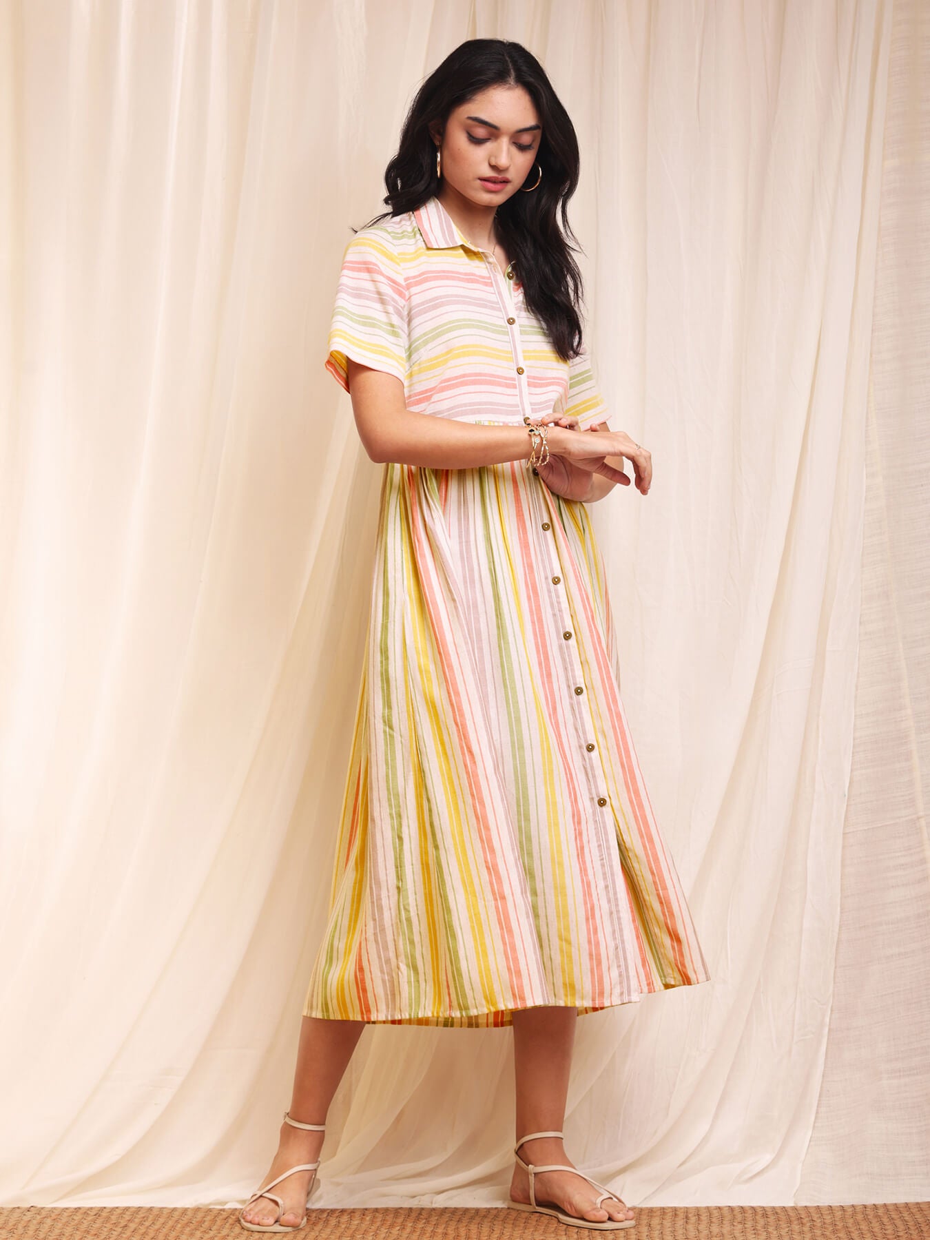 Striped Chambray Shirt Dress - Off-White & Yellow