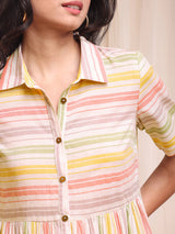 Striped Chambray Shirt Dress - Off-White & Yellow