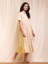 Striped Chambray Shirt Dress - Off-White & Yellow