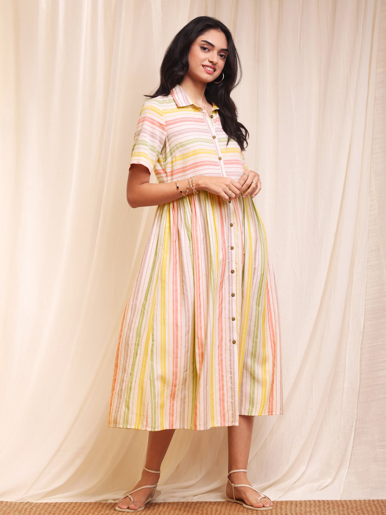 Striped Chambray Shirt Dress - Off-White & Yellow