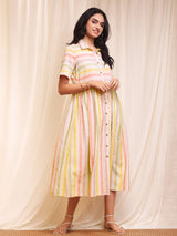 Striped Chambray Shirt Dress - Off-White & Yellow