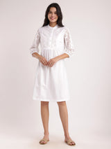 Cotton Schiffli A-Line Dress - White