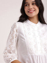 Cotton Schiffli A-Line Dress - White