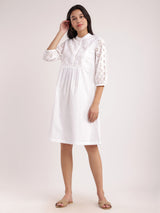 Cotton Schiffli A-Line Dress - White