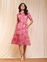 Cotton Batik Polka Shirt Dress - Pink