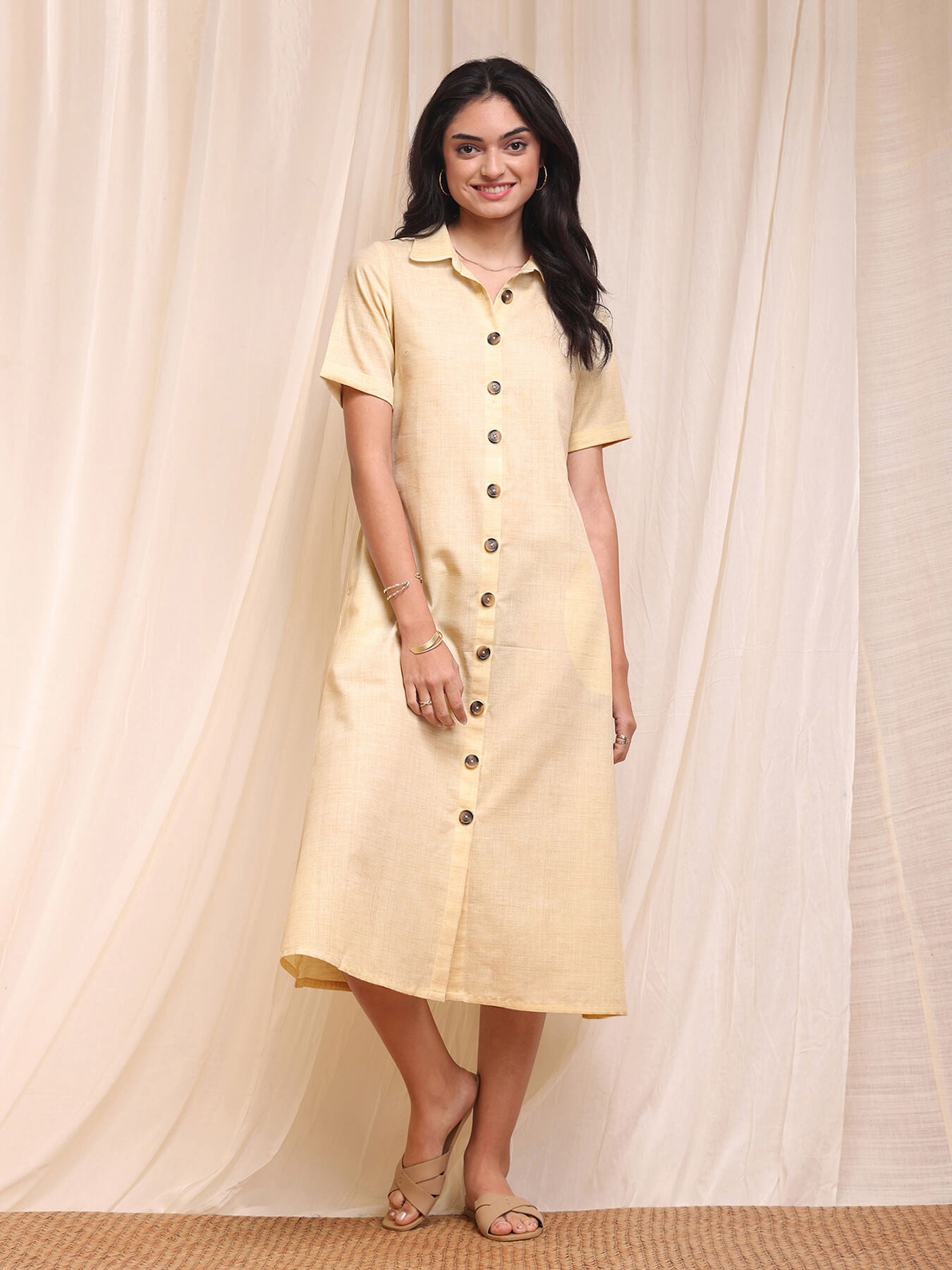 Cotton A-Line Shirt Dress - Yellow