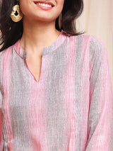 Striped Front Pleated Dress - Pink & Grey