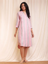 Striped Front Pleated Dress - Pink & Grey