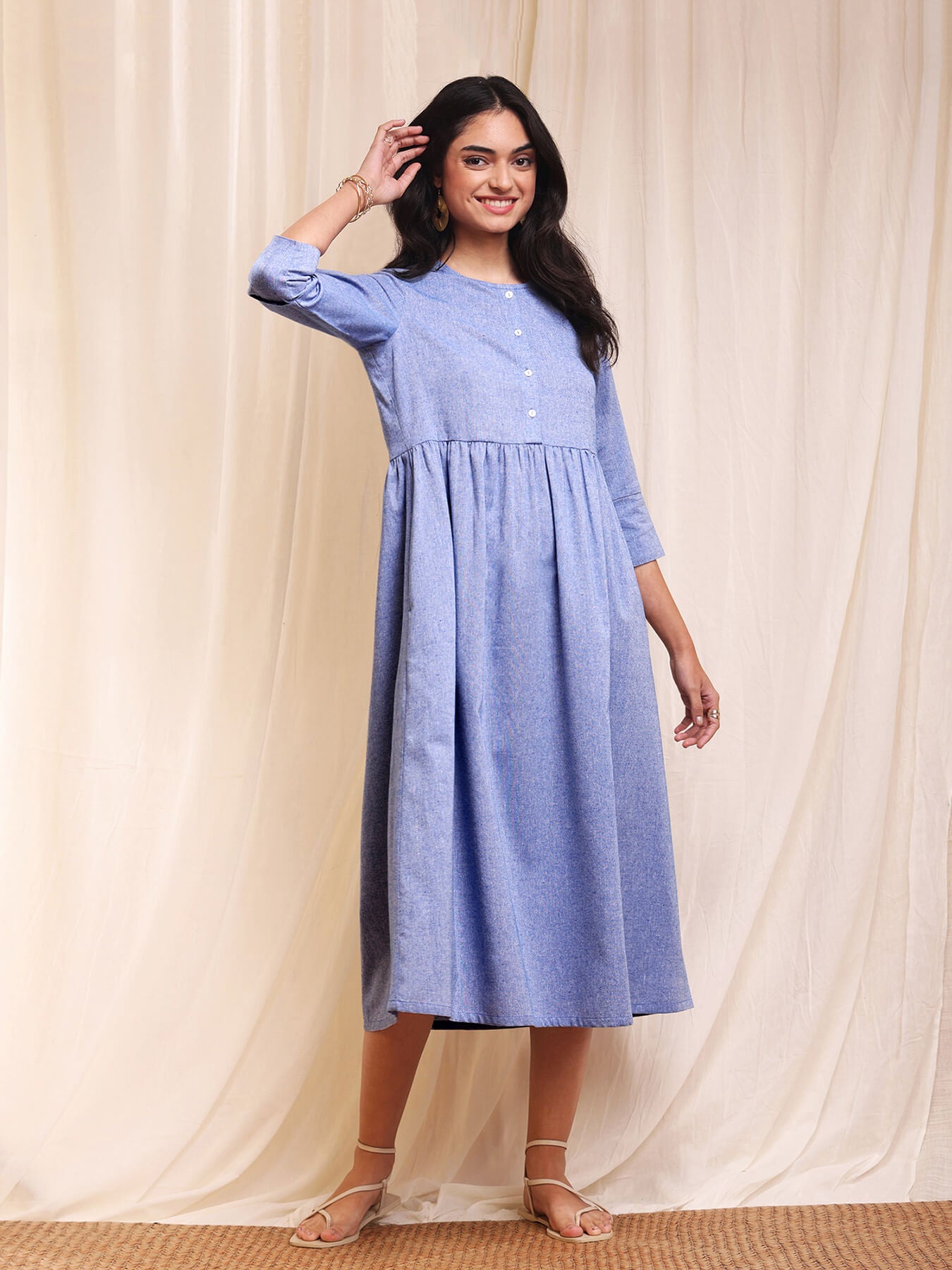 Cotton Chambray Flared Dress - Light Blue