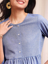 Cotton Chambray Flared Dress - Light Blue