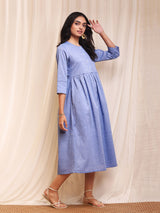 Cotton Chambray Flared Dress - Light Blue