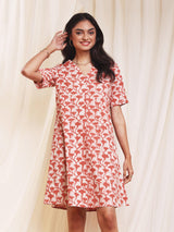 Cotton Dabu Floral A-Line Dress - Peach & White