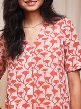 Cotton Dabu Floral A-Line Dress - Peach & White