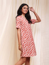 Cotton Dabu Floral A-Line Dress - Peach & White