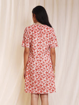 Cotton Dabu Floral A-Line Dress - Peach & White