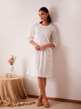 Cotton A-Line Pleated Dress - White