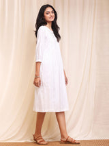 Cotton A-Line Pleated Dress - White