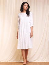 Cotton A-Line Pleated Dress - White