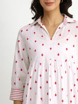 Cotton Polka Shirt Dress - White & Red