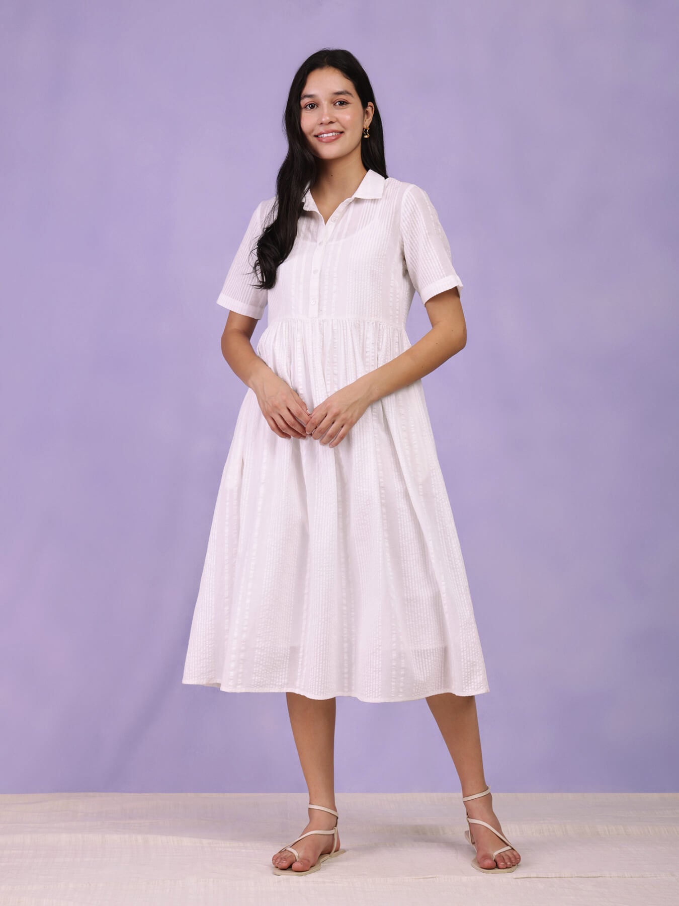 Cotton Striped Shirt Dress - White