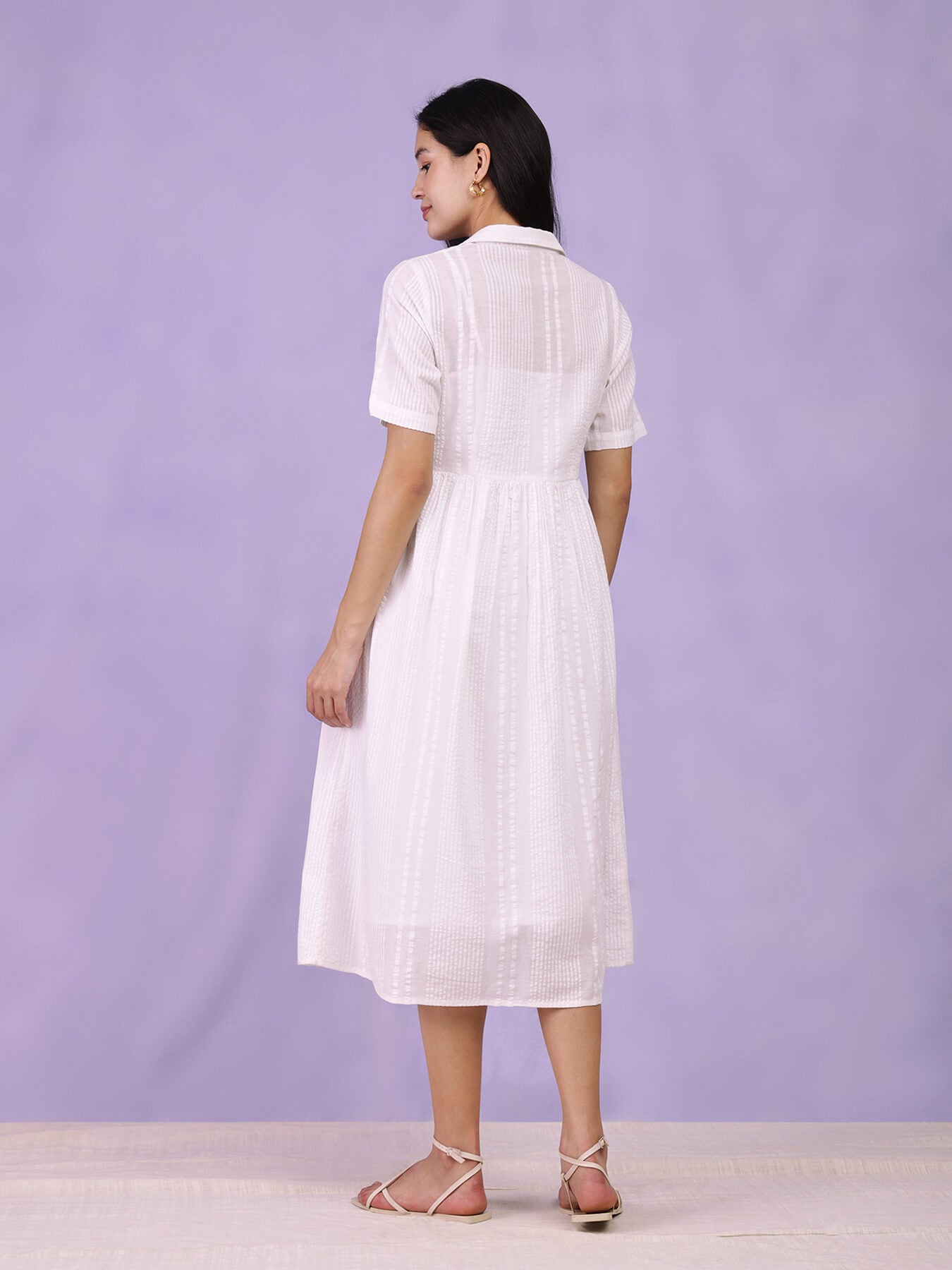 Cotton Striped Shirt Dress - White