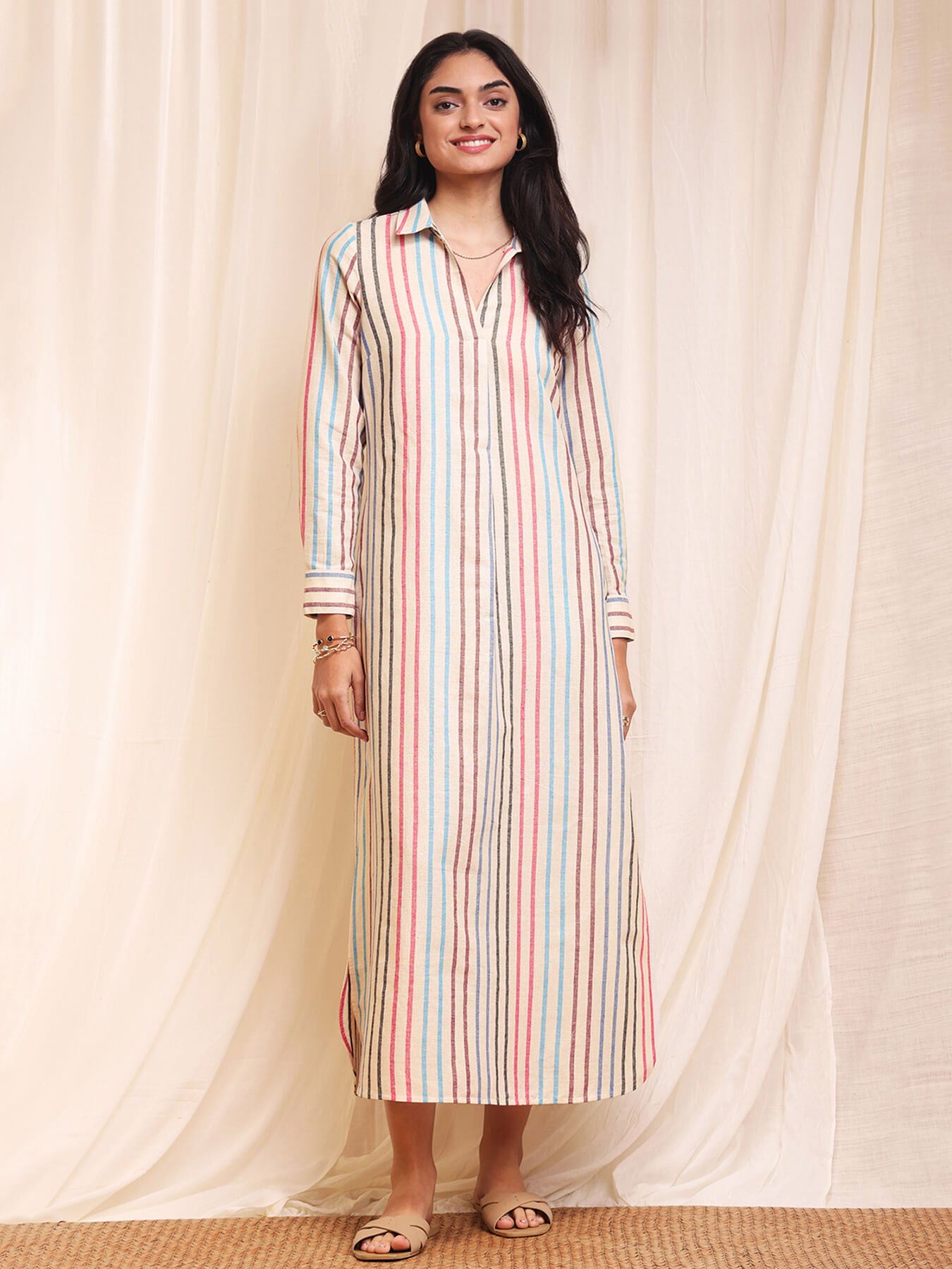 Woven Striped Dress in Bright Pink