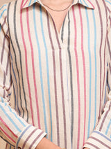 Cotton Striped Shirt Dress - Off-White & Pink