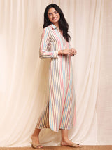 Cotton Striped Shirt Dress - Off-White & Pink