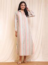 Cotton Striped Shirt Dress - Off-White & Pink