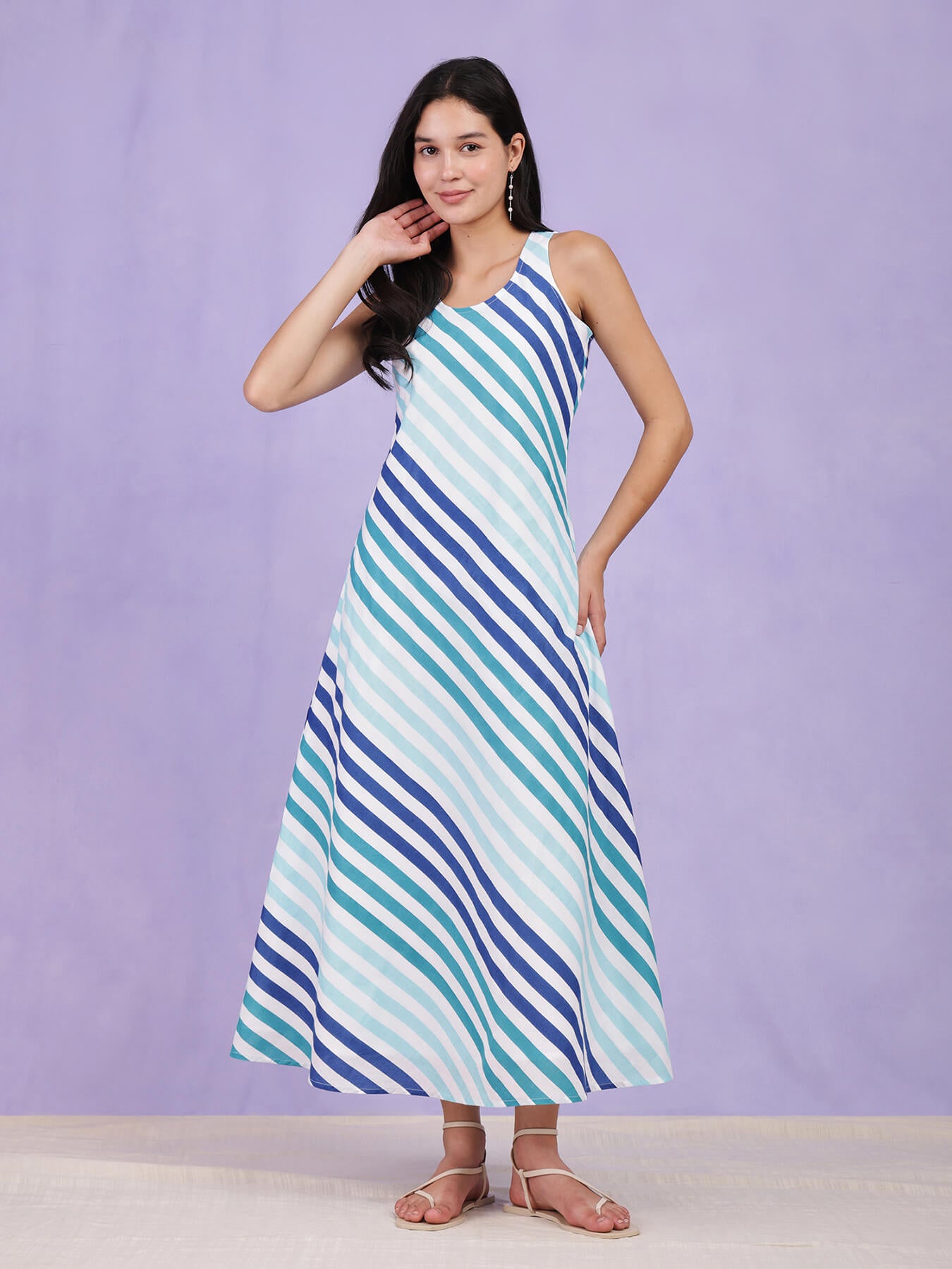 Buy Blue Cotton Diagonal Striped Dress Online