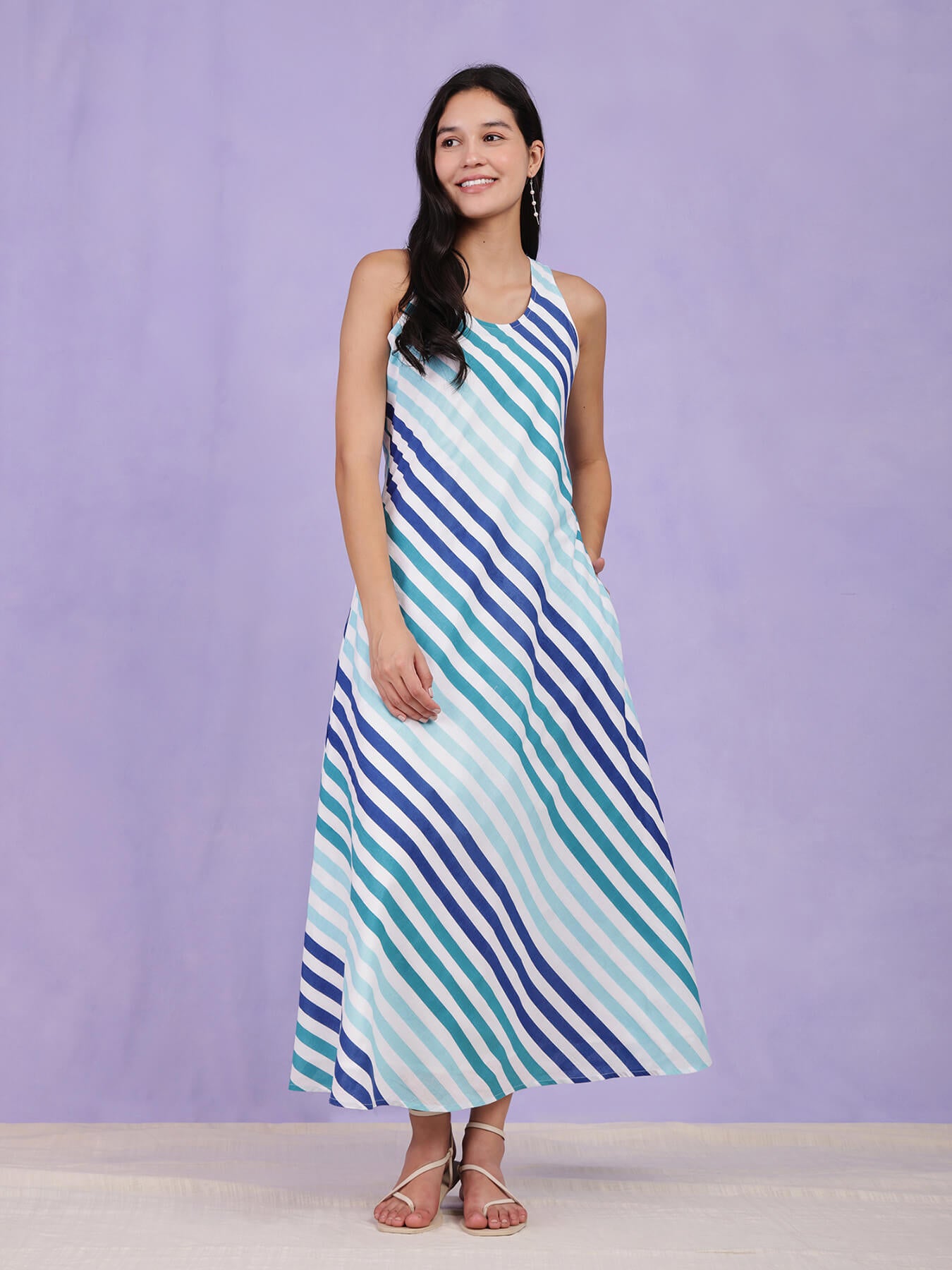 Cotton Diagonal Striped Dress - Blue