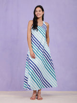 Cotton Diagonal Striped Dress - Blue