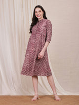 Cotton Dabu Striped Flared Dress - Purple