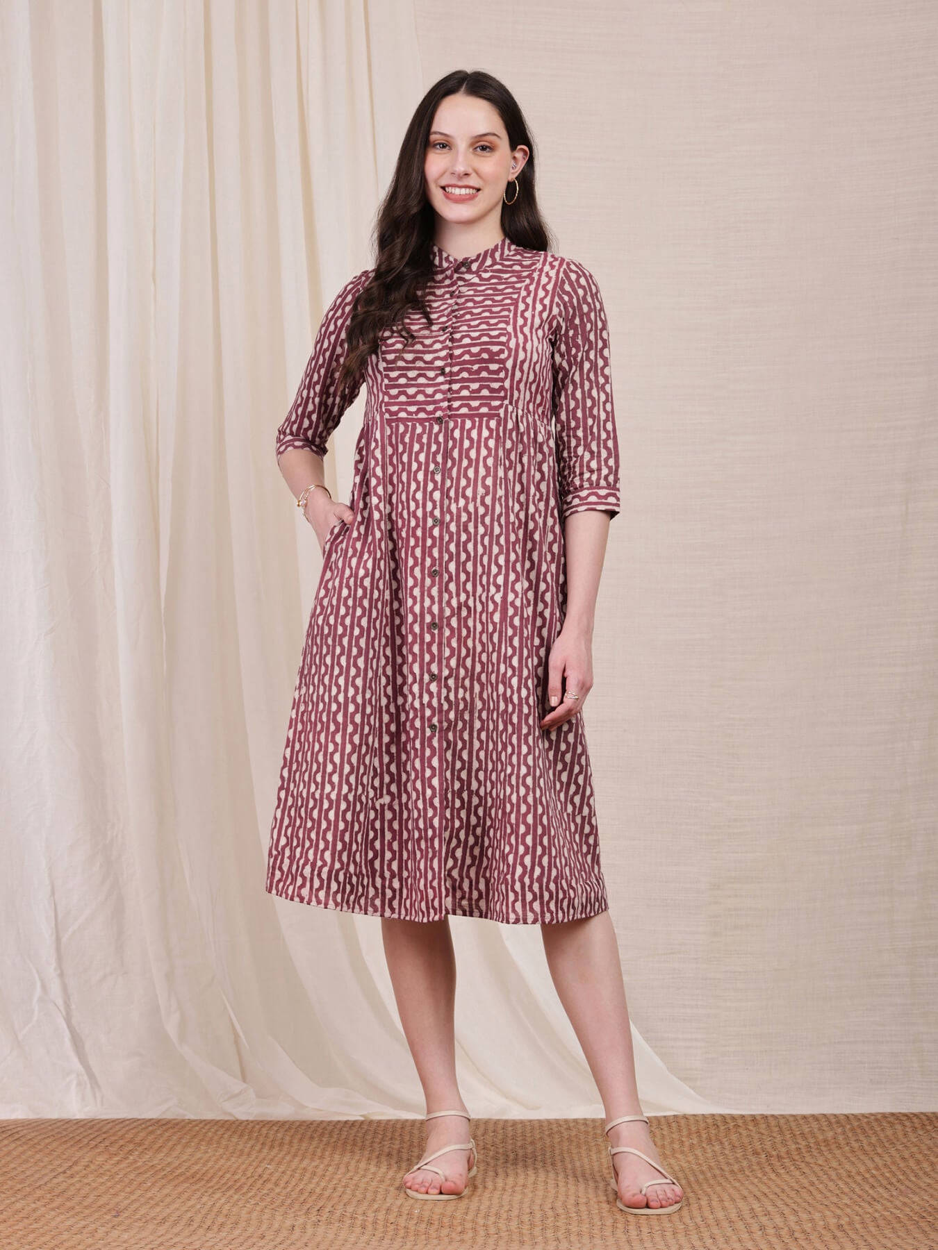 Cotton Dabu Striped Flared Dress - Purple