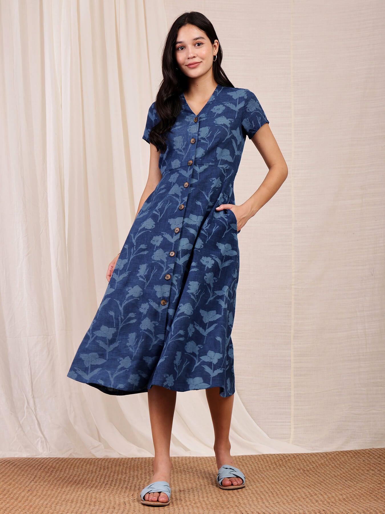 Cotton Dabu Floral Dress - Navy Blue