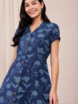 Cotton Dabu Floral Dress - Navy Blue