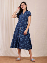 Cotton Dabu Floral Dress - Navy Blue