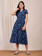 Cotton Dabu Floral Dress - Navy Blue