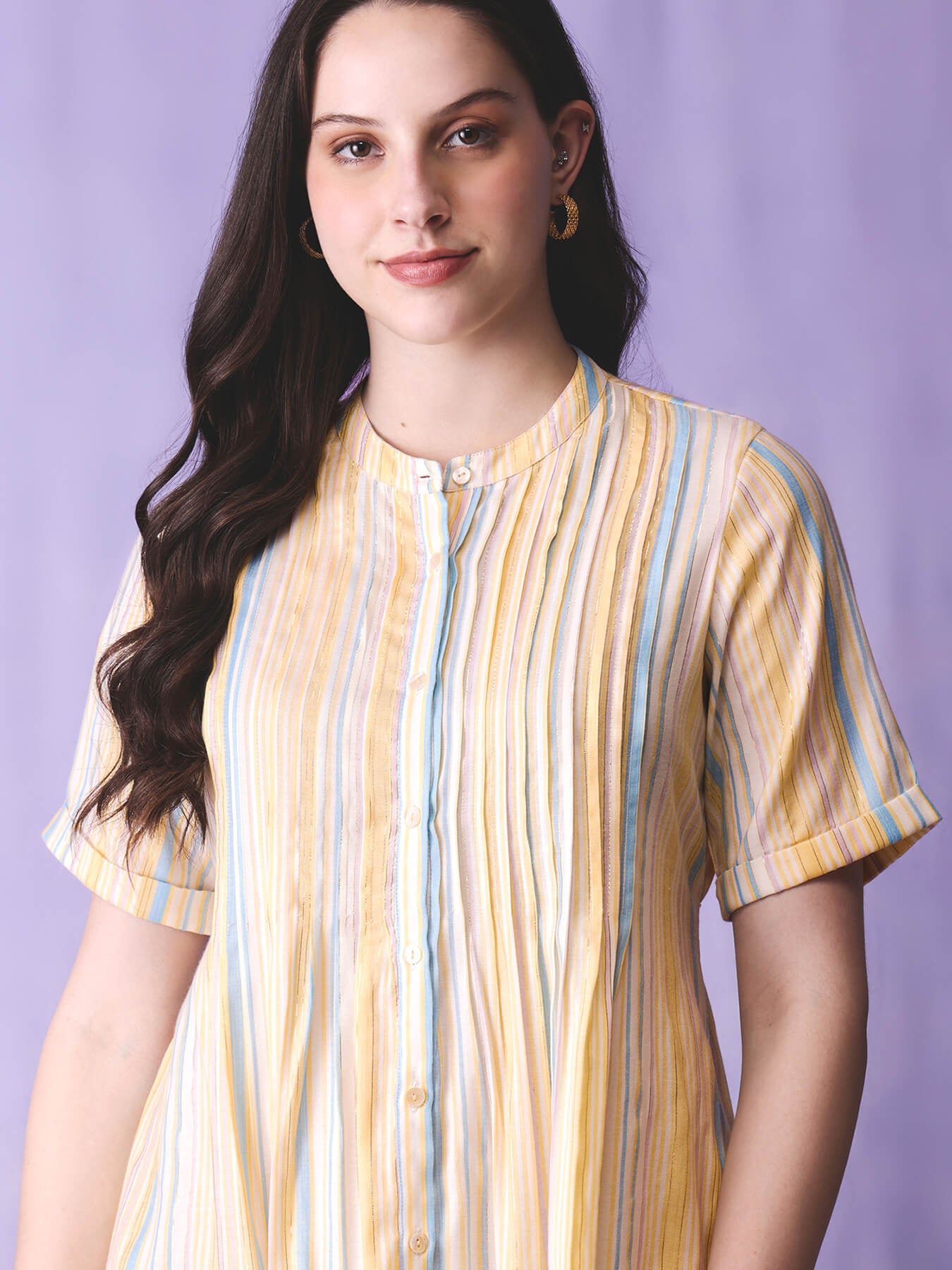 Cotton Striped A-Line Dress - Yellow & Blue