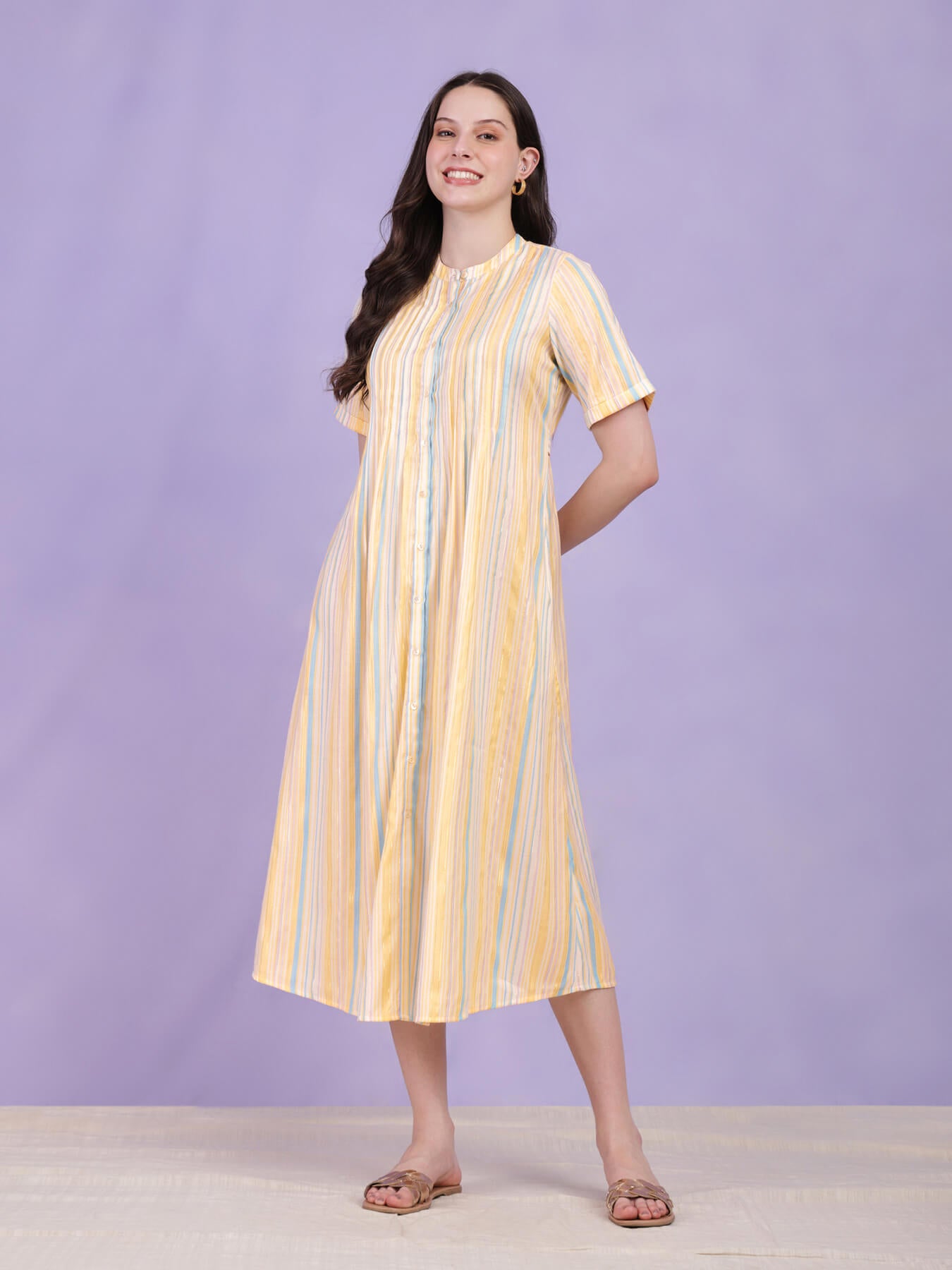 Cotton Striped A-Line Dress - Yellow & Blue