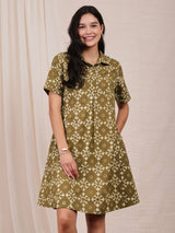 Cotton Dabu Geometric Shirt Dress - Green