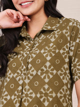 Cotton Dabu Geometric Shirt Dress - Green