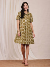 Cotton Dabu Geometric Shirt Dress - Green