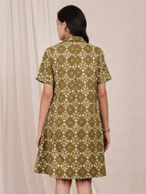 Cotton Dabu Geometric Shirt Dress - Green