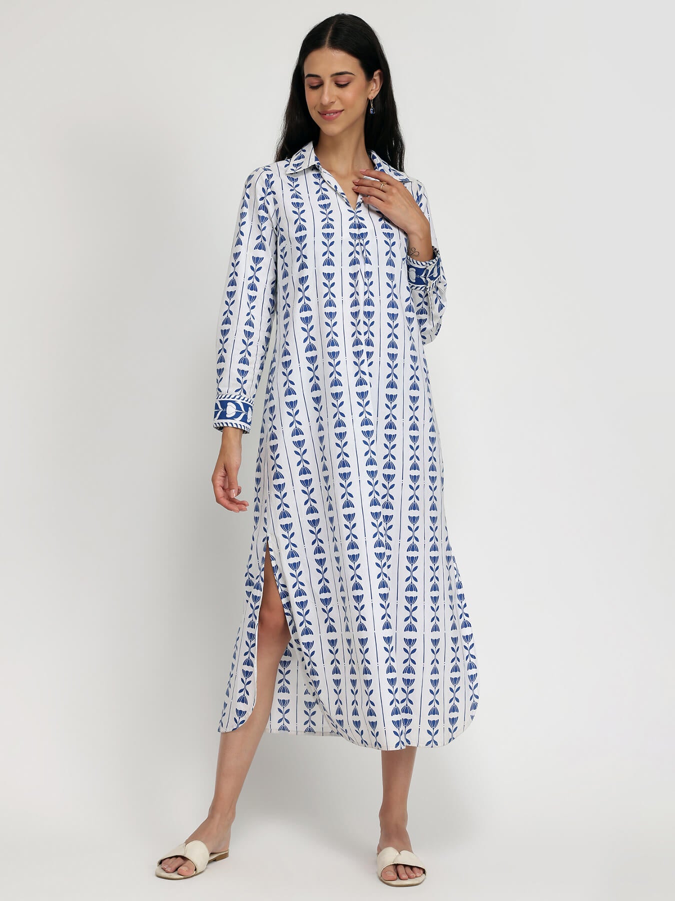 Cotton Floral Shirt Dress - Blue & White