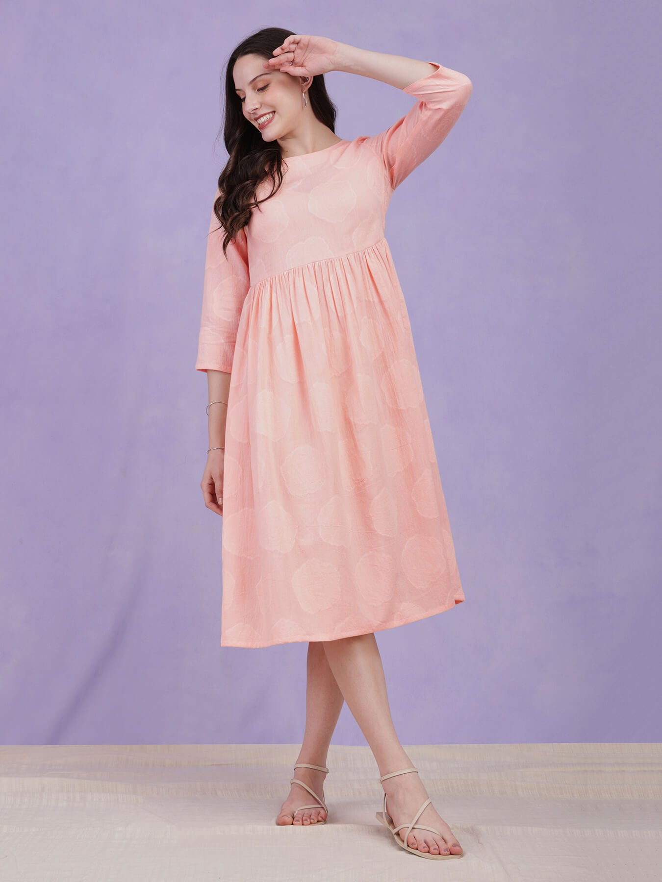 Cotton Jacquard Gathered Dress - Pink