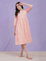 Cotton Jacquard Gathered Dress - Pink