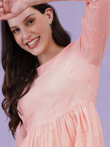 Cotton Jacquard Gathered Dress - Pink