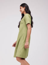 Cotton Solid Straight Dress - Green