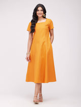 Cotton Solid A-Line Dress - Mustard